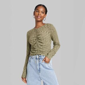Wild Fable Long Sleeve Lace-Up Cozy Knit Blouse Green Spacedye Size Med NWT